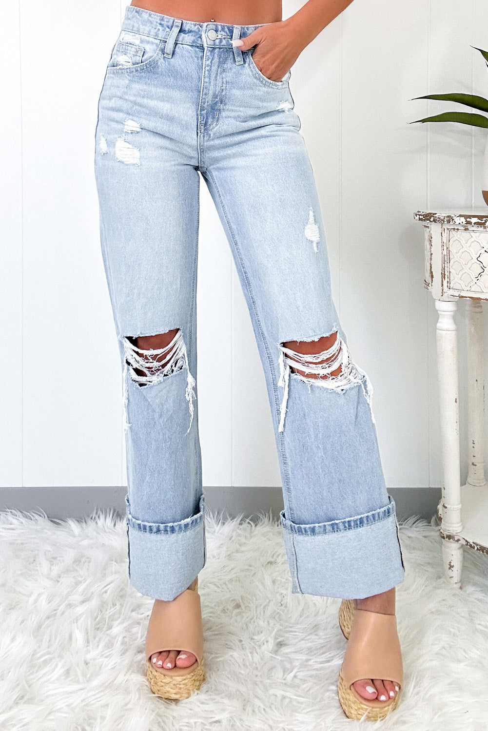 Beau Blue Light Washed Distressed Straight Jeans