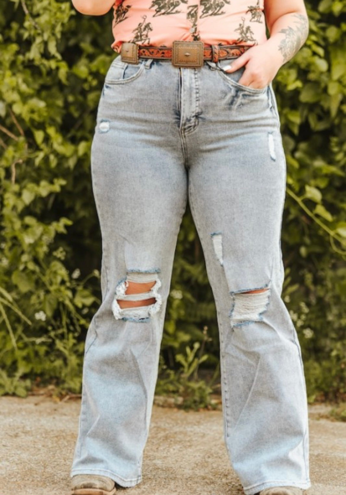 Light Wash High Rise Distressed Trouser Jeans