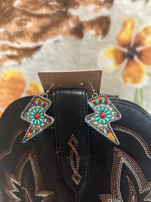 Tooled leather inlay lightening bolt earring